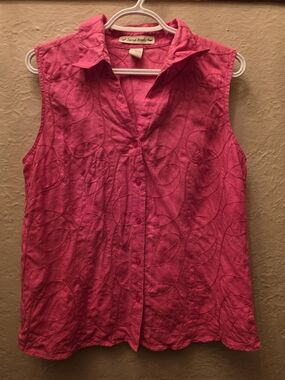 David Brooks Pink Embroidered Linen Blend Sleeveless Button Top XL